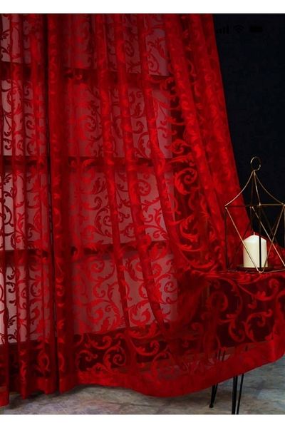 CEYLANLAR Red Ivy Tulle Background Curtain - with Two Blades and Laces
