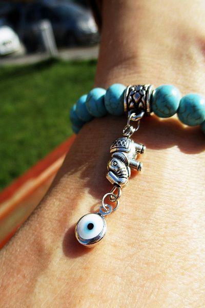 Kusakli Turquoise Natural Stone Women's Bracelet with Evil Eye Beads and Small Elephant Figure