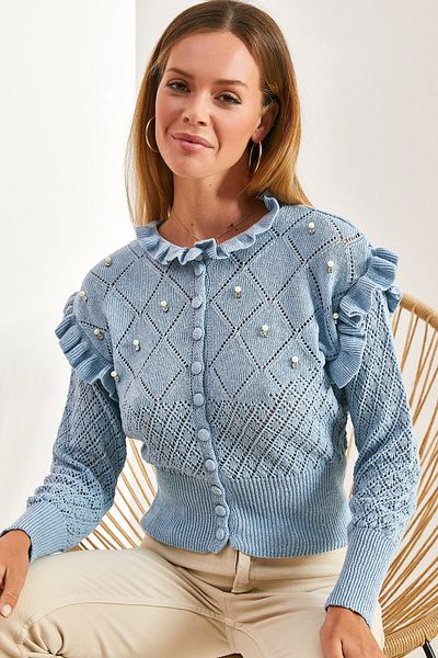 Bianco Lucci Durchbrochener, mit Perlen und Steinen bestickter Strick-Cardigan für Damen