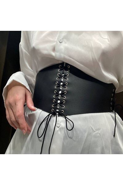 Sweet Demon Stylish Leather Women's Waist Corset Belt with Drawstring Adjustable Ties Black, Gothic Style, Metal Clothing