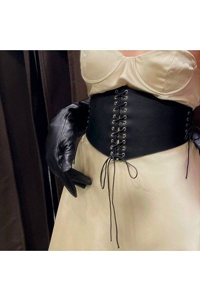 Sweet Demon Stylish Leather Women's Waist Corset Belt with Drawstring Adjustable Ties Black, Gothic Style, Metal Clothing