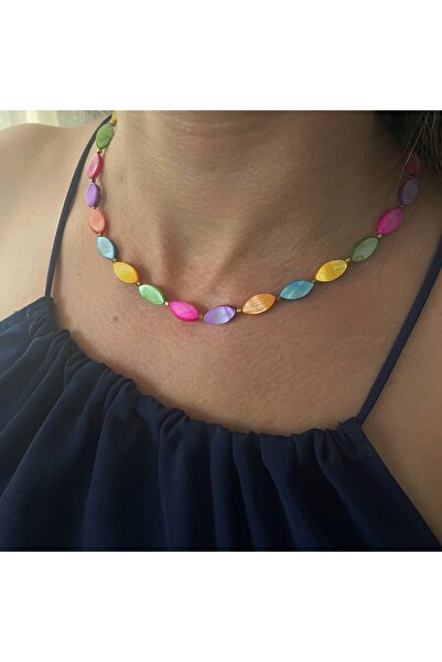 Hazeran accessories Doğal Renkli Sedef Taşı Yassı Kolye