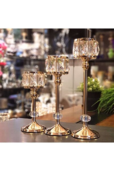 decovien 3'LÜ KRİSTAL TAŞLI ŞAMDAN GOLD