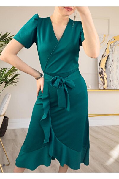 Esinty Γυναικείο νυφικό νυφικό με πράσινο κρεπ ύφασμα Midi μήκους ζωσμένο