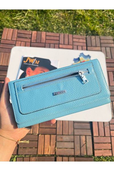 DERKON Genuine Leather Useful Women's Wallet Light Blue