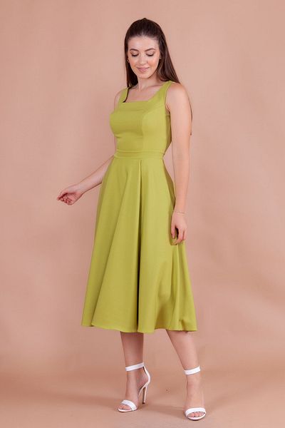 NO48 Pistachio Green Square Collar Thick Strap Midi Dress