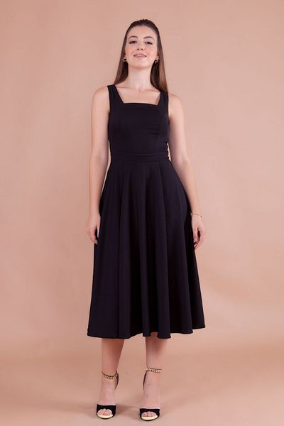 NO48 Black Square Collar Thick Strap Midi Dress