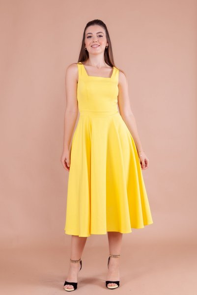 NO48 Yellow Square Collar Thick Strap Midi Dress