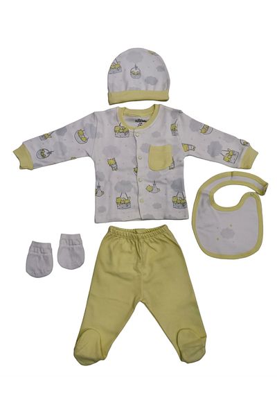 Aziz Bebe Yellow Bear Patterned 5-Piece Baby Hospital Discharge Bodysuit Set