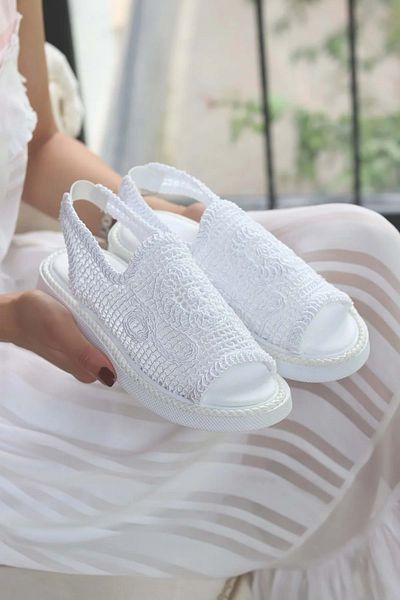 New Optimal Milla Lace Knitwear Flat Sole Women's Sandals with Elastic Back WHITE