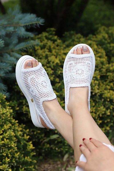 New Optimal Milla Lace Knitwear Flat Sole Women's Sandals with Elastic Back WHITE