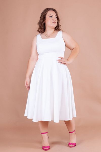 NO48 White Square Collar Thick Strap Large Size Midi Dress