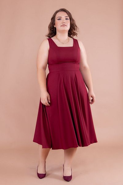 NO48 Claret Red Square Collar Thick Strap Large Size Midi Dress