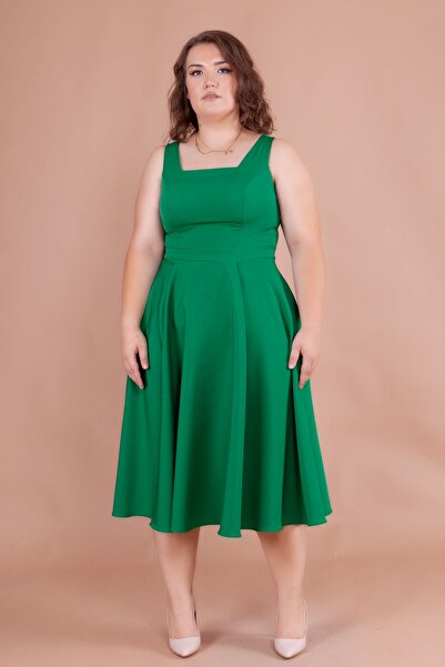 NO48 Rochie midi cu mărime mare, cu bretele groase, cu decolteu pătrat verde