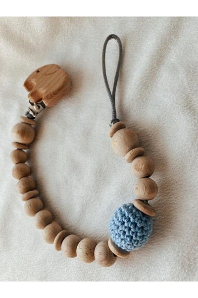 GOER STORE Natural Wooden Blue Knitted Detailed Natural Wooden Pacifier Chain - Pacifier Hanger - Baby Gift