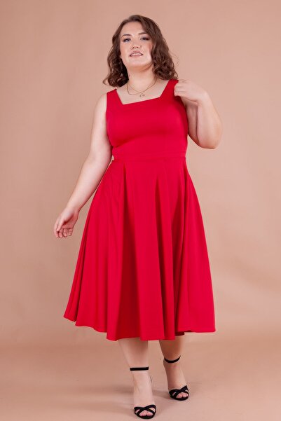 NO48 Red Square Collar Thick Strap Large Size Midi Dress