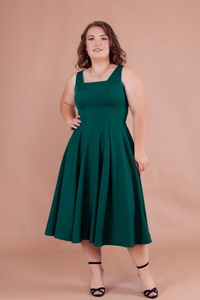 NO48 Rochie midi cu mărime mare, cu bretele groase, cu decolteu pătrat de cul...