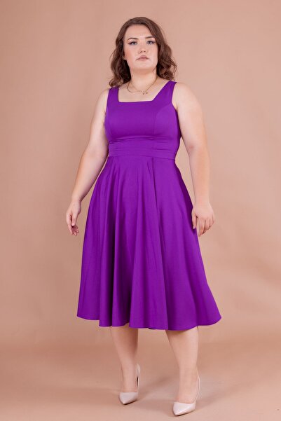 NO48 Μωβ τετράγωνο γιακά φόρεμα μεγάλου μεγέθους μεγάλου μήκους με χοντρά λουριά