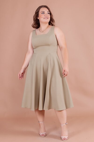 NO48 Φόρεμα μεγάλου μεγέθους μίντι μήκους με λαδί πράσινο τετράγωνο γιακά και...