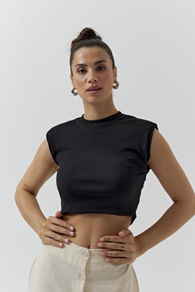 Lathine Vatkalı Siyah Crop Top