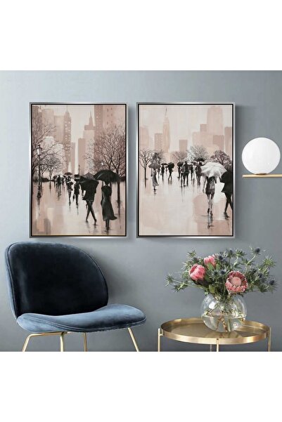 Markazip Insanlar Modern Sanat Gümüş Metal Çerçeveli 70x100cm Ikili Kanvas Tablo Ctn92-k