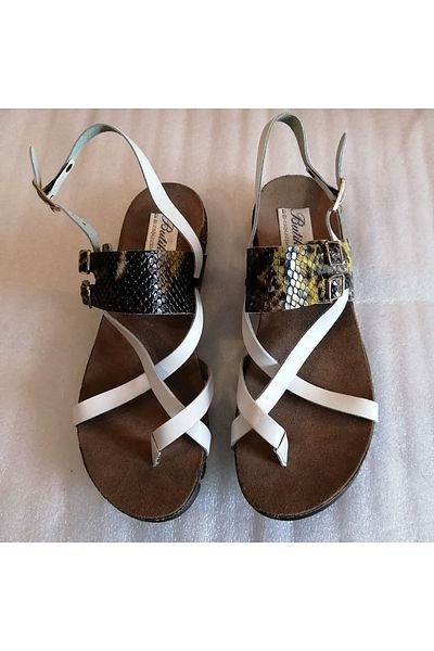 Butik Tülin Women's genuine leather white coffee snake print combined buckle banded thick eva sole toe sandals