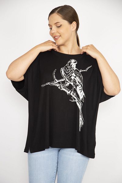 Şans Women's Black Plus Size Crew Neck Front Printed Blouse 65n36642