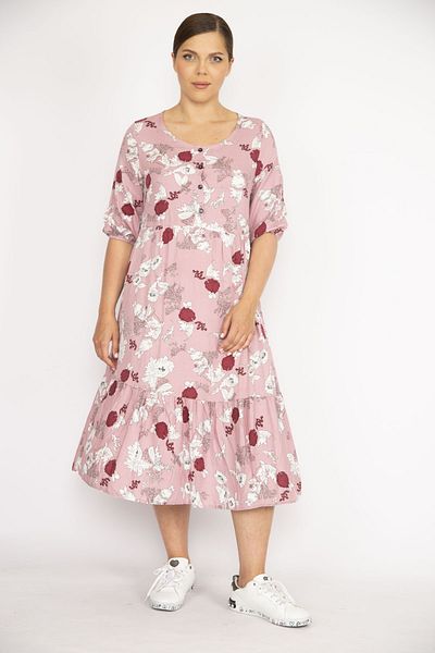 Şans Women's Dried Rose Large Size Woven Viscose Fabric Front Placket Buttoned Skirt Tip Layered Dress 65n36522