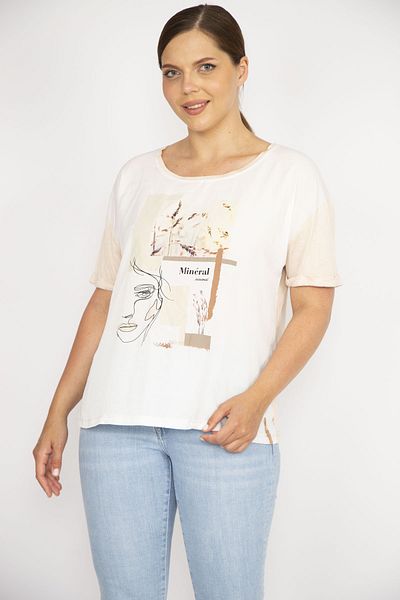 Şans Women's Beige Plus Size Patterned Satin Blouse 65n36628