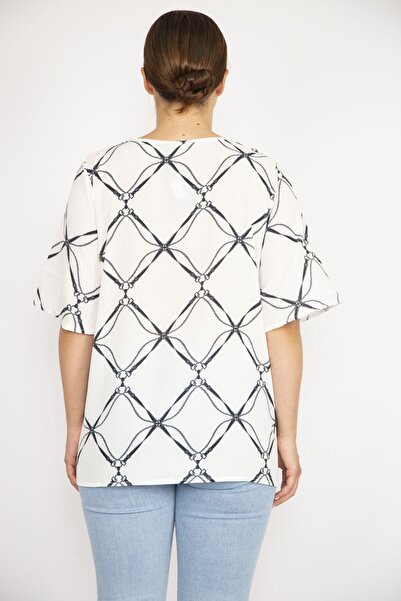 Şans Women's Bone Plus Size Collar Flounced Crepe Blouse 65n36637