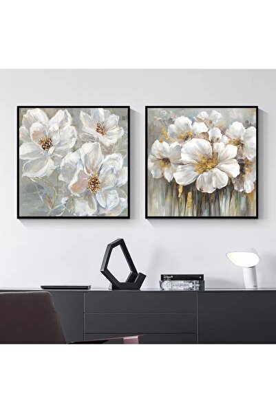 Markazip Beyaz Çiçekler Sanatı Siyah Metal Çerçeveli 70x70cm Ikili Kanvas Tab...