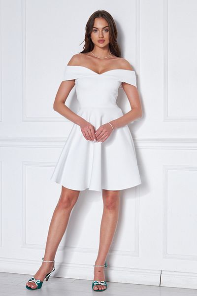 NO48 Λευκό Sweetheart γιακά έξω από τους ώμους Flexible Scuba Fabric Mini Flared φόρεμα