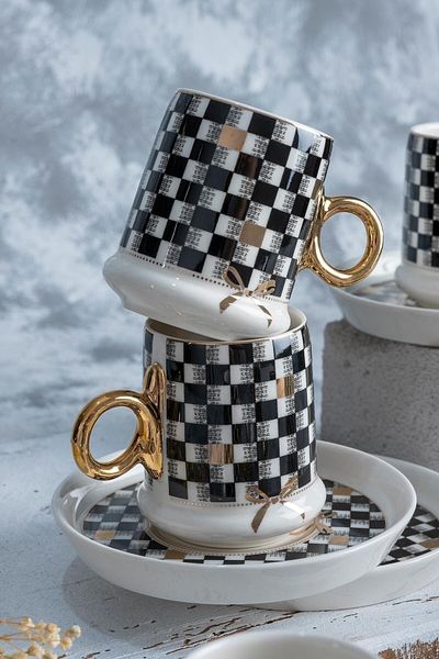 ACAR Almond Checkerboard Pattern Gold Handled Porcelain Coffee Cup Set for 6 People 0125
