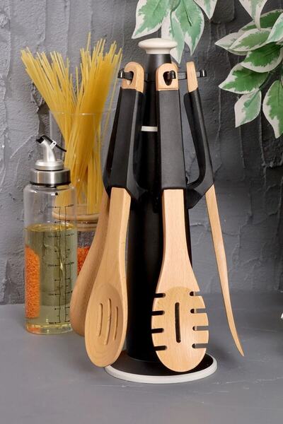 Pink&More Leora 6 Piece Silicone Serving Set with Stand and Wooden Handle