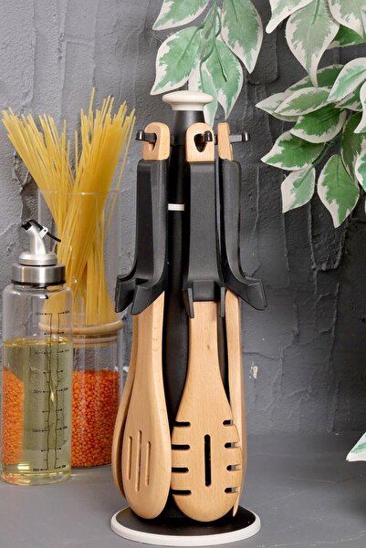 Pink&More Leora 6 Piece Silicone Serving Set with Stand and Wooden Handle