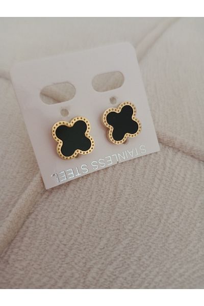 KobalBusiness Steel earrings studded clover model inside black gold clip anti allergic anti tarnish model