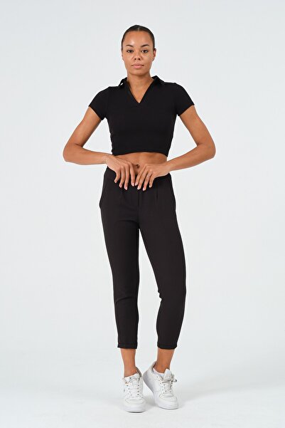 PUNKY CAT Women's Black Polo Neck Short Sleeve Crop T-Shirt