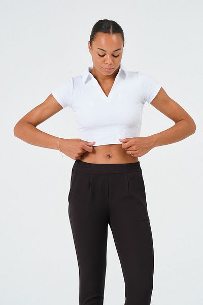 PUNKY CAT Women's White Polo Neck Short Sleeve Crop T-Shirt
