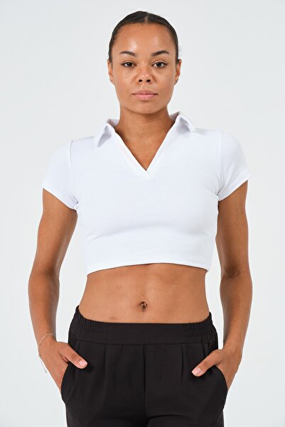 PUNKY CAT Women's White Polo Neck Short Sleeve Crop T-Shirt