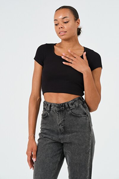 PUNKY CAT Women's Black U Neck Short Sleeve Crop Blouse