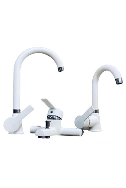 MAHİKA Beyaz Krom Mutfak Lavabo Banyo Bataryası Çeşmesi Musluğu 3'lü Set Sıca...