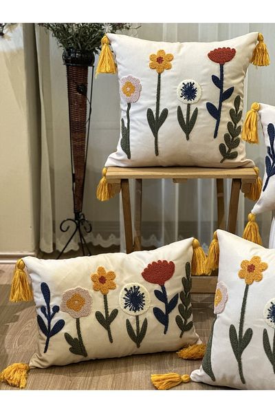 BUGİ HOME COLLECTİON 4-PACK FLOWERY PUNCH EMBROIDERED EMBROIDERED DECORATIVE PREMIUM CIRLENT CASE