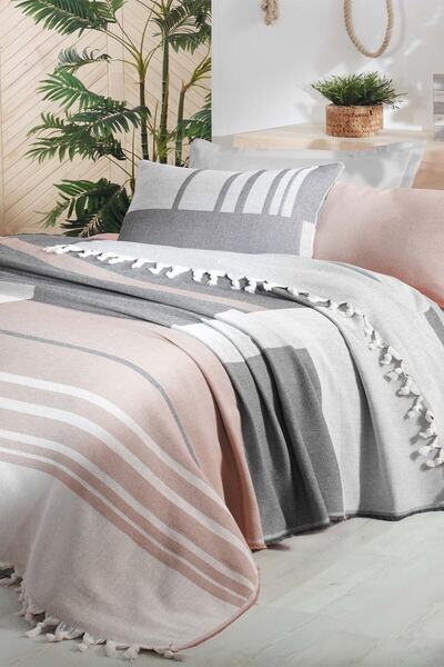 Sarev Jace Bej Çift Kişilik Pamuklu Yatak Örtüsü Seti