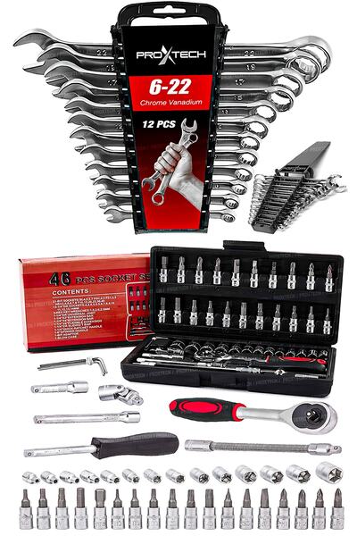 PROXTECH 58 Parça Cırcır Lokma Takımı Otomatik Cırcırlı 1/4" 12 Parça Kombine Açık Ağız-yıldız Anahtar Set