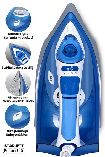 GOLDMASTER Starjett Nano Ceramic Sole Large Water Tank 160 Gr Effective Shock Steam Iron