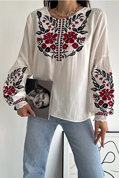 FEMELLE Γυναικεία φλοράλ κεντημένη βαμβακερή μπλούζα με λεπτομέρεια Guipure στους καρπούς