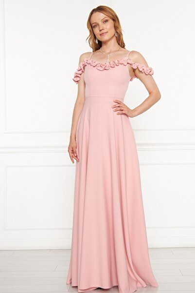 lovebox Βραδινό φόρεμα σε σκόνη 421 από ύφασμα Atlas με ρυθμιζόμενο λουράκι με βολάν με λεπτομερή γιακά με πλισέ φουντωτό Maxi Powder