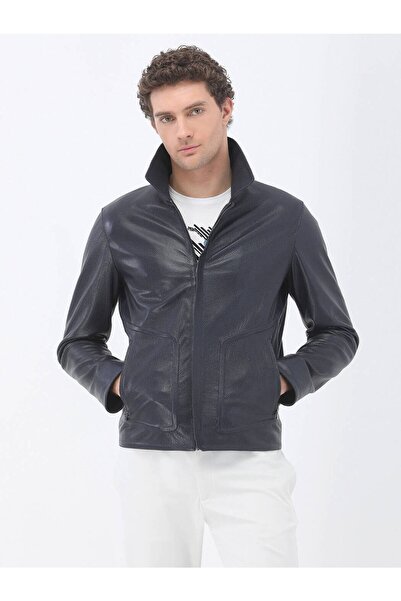 Kip Navy Blue Regular Fit Baby Collar Smart Casual Sheepskin Leather Coat