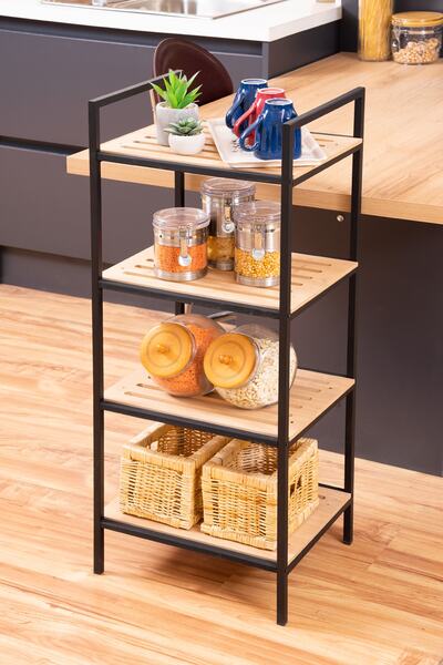 Mudesa Çok Amaçlı Dekoratif Raf Izgaralı 4 Raflı Açık Dolap Metal Ahşap Organ...