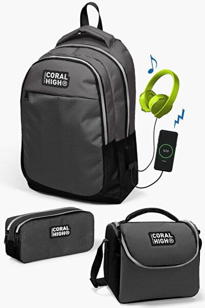 Coral High Kids Koyu Gri Siyah Usb'li 3’lü Okul Çanta Seti SET0124307